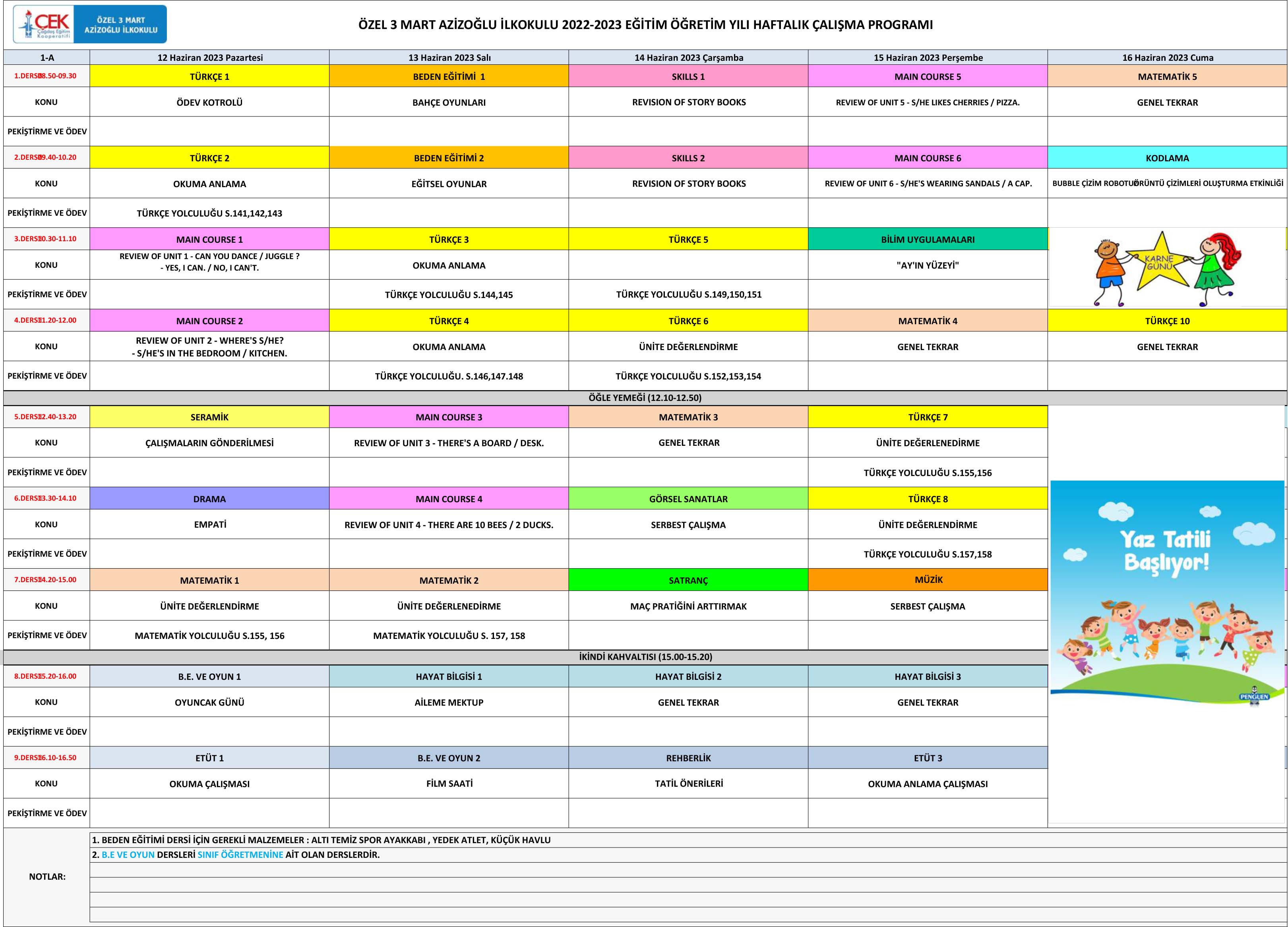 HAFTALIK ÇALIŞMA PROGRAMI - ÖZEL 3MART AZİZOĞLU İLKOKULU VE ORTAOKULU